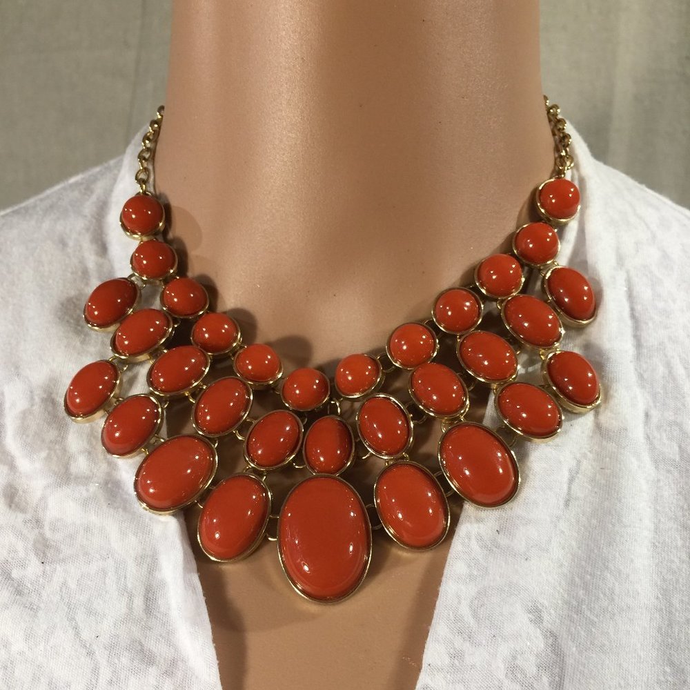 Orange and Gold tone Bib Necklace and Earrings Set